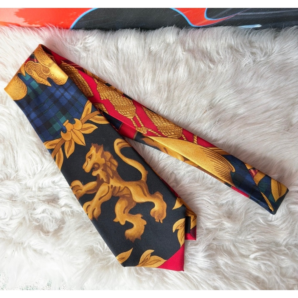 Compagnie Internationale Express Silk Tie Lion Rampant Baroque Plaid Red Black‎